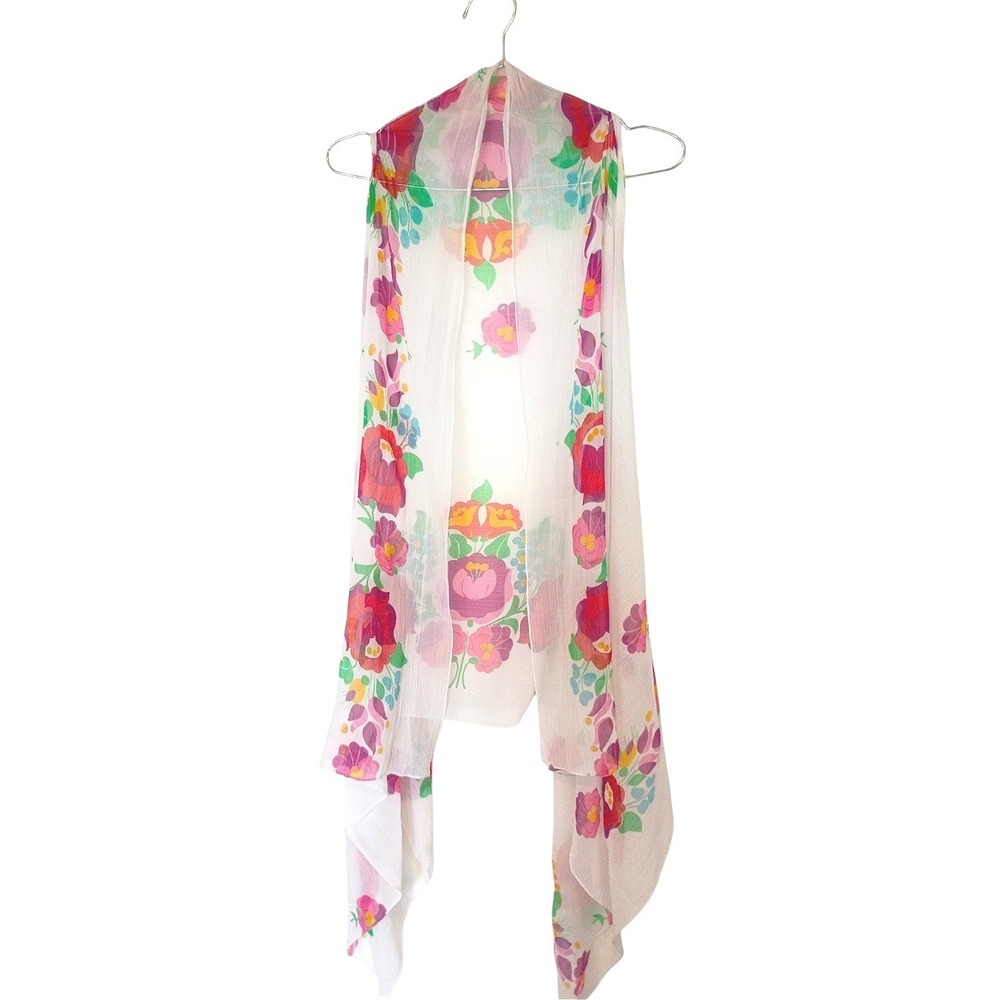 Womens Sheer White Floral Folk Art Open Front Vest Sleeveless Boho Coverup